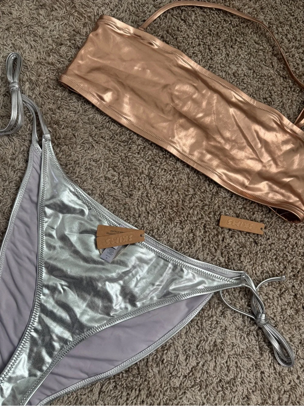 SKIMS Metallic Rose Gold Bandeau & Silver Tie-Side Bikini Set